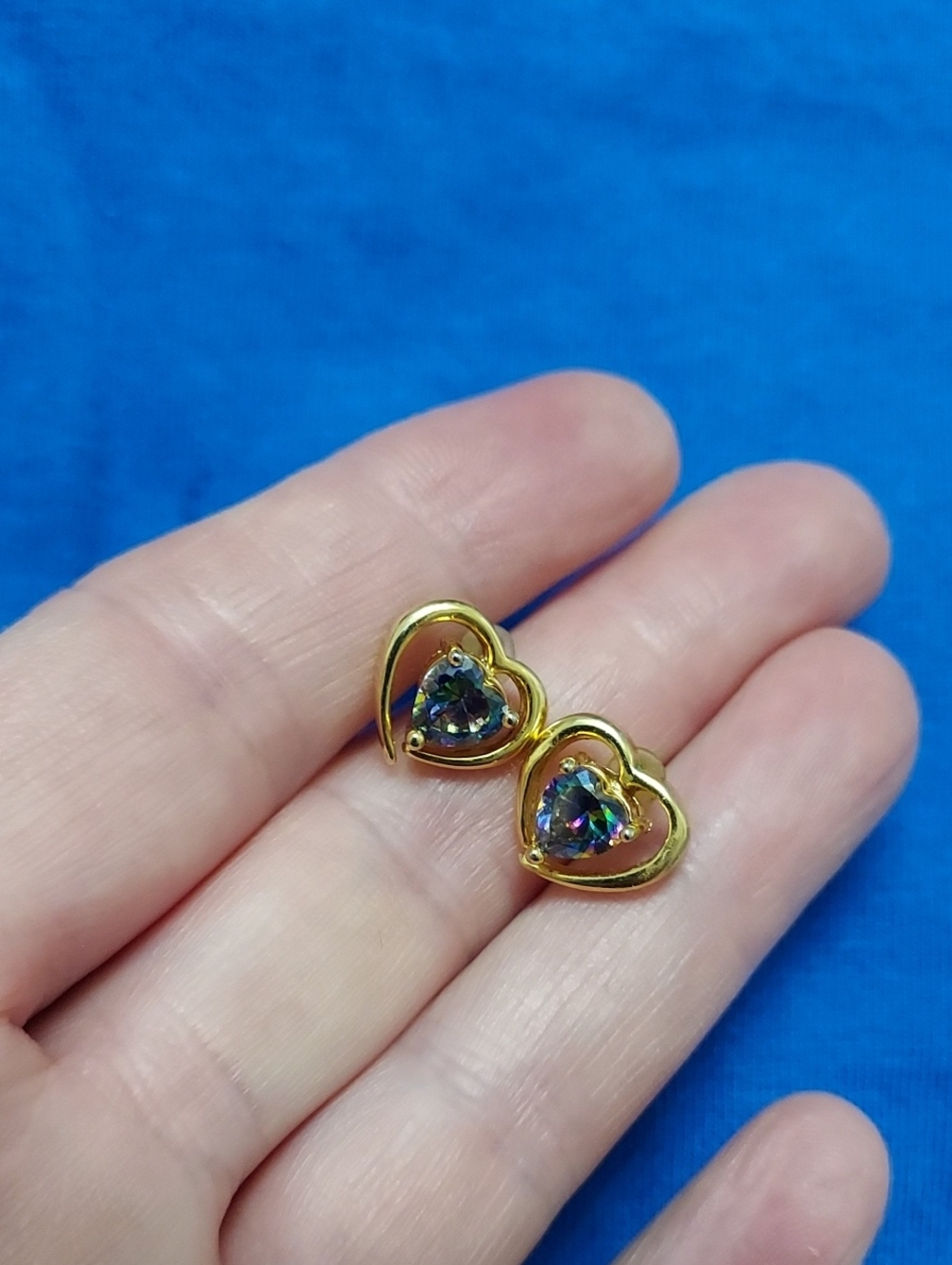 Gold Heart Stud Earrings with Mystic Rainbow Crystal